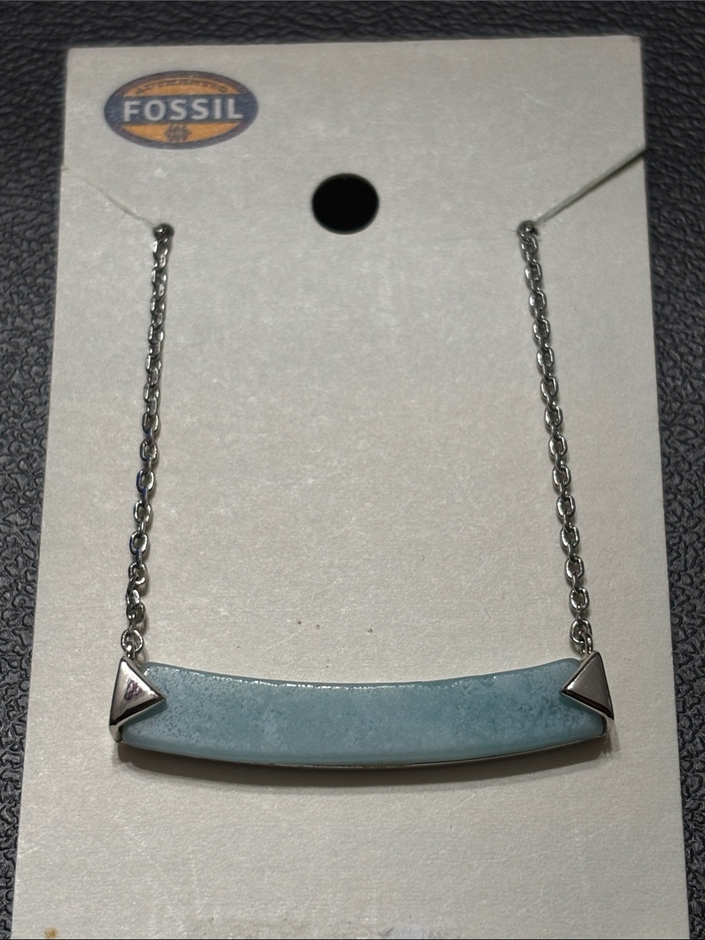 Fossil Silver Necklace with Light Blue Bar Pendant Adj.